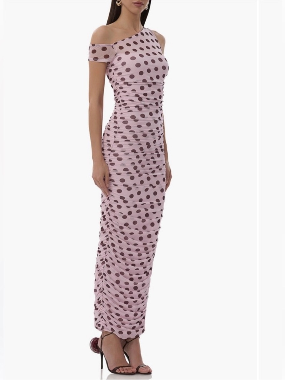AFRM One-Shoulder Pink Polka Dot Ruched Maxi Dress Size S
